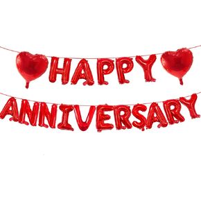 16 Inches Red 'HAPPY ANNIVERSARY' Letter Balloons Banner with Two 18-Inch Heart-Shaped Foil Balloons for Wedding Anniversary Love Party Celebrations, and Romantic Special Night Bedroom Decorations