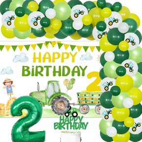 Sursurprise Tractor 2nd Birthday Decorations, Tractor Backdrop Balloon Garland Arch Kit Cake Topper for Farm Theme Two Birthday Party Supplies