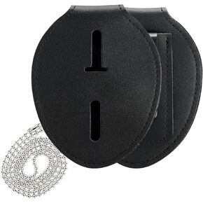 Police Badge Holder, Security Badge Holder Security Guard Badge Cowhide Universal Badge Holders Belt Clip,Metal Clip and Chain Included for Law Enforcement Officer Gifts (Black)