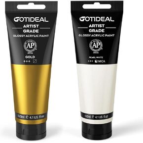 Gotideal Acrylic Paint Metallic Gold and Pearl White Tubes (120 مل ، 4.1 أوقية) لامعة
