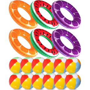18 PCS Summer Fruit Pool عوامات 6 بطيخ بركة برتقالية العنب أنابيب أنابيب 12 كرات الشاطئ السباحة ألعاب تعويم قابلة للنفخ للبالغين شاطئ هاواي لوا حفلة