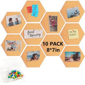 10 PCS Hexagon Cork Board Tiles, Self-Adhesive Cork Bulletin Board for Home Office Decor, Cork Boards for Walls with 50 PCS Color Push Pins