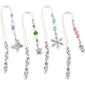 OLYCRAFT 4 Pcs Hook Alloy Bookmarks Glass Beaded Bookmarks Antique Silver Metal Bookmarks Vintage Bookmarks with Butterfly/Flower/Tortoise/Snowflake Pendant for Book Lovers - About 6.5 inch in Saudi Arabia