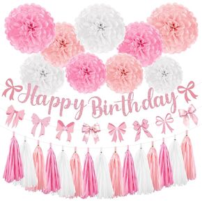 Pink Bow Birthday Party Decorations Coquette Party Decorations Include Pink Bow Happy Birthday Banner Garland Banner Paper Pom Poms Paper Tassel for Sweet Girl Party Supplies