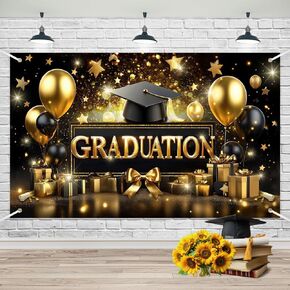 Lofaris Graduation Party Banner - Black & Gold 3D Design, Graduation Season Celebration Background, Balloon Garland, Cap Props for Students, 70.8x43.3 Inches