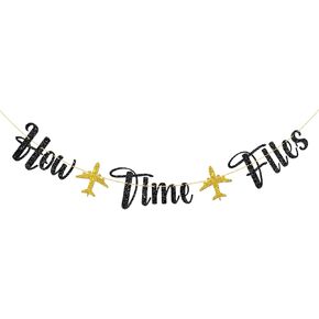 Monmon & Craft How Time Flies Banner/Airplane Birthday Party Supplies/Kids Time Time Flies Decorations/Black Glitter