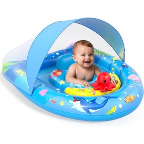 Sunrad Baby Pool Float with Canopy UPF50+ Sun Protection, Inflatable Baby Swim Float with Toy Play Console & Adjustable Safety Seat, Toddler Infant Pool Floaties for 6-36 Months (Blue)