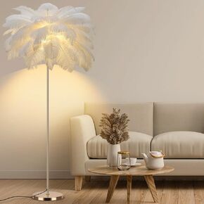 Feather Floor Lamp for Living Room, Fluffy Ostrich Feathers Lamp, Rose Gold Color Body, 3 Color Temperatures Modern Funky Arc Tall Standing Lamp for Bedroom Inclued Bright LED Bulbs (White)