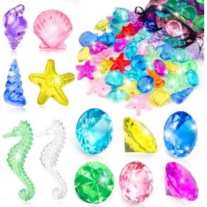 60pcs Diving Gems Pool Toys, Colorful Acrylic Diamond Pirate Treasure and Mermaid Pool Play Set with Mesh Bag, Underwater Gem Diving Toys and Ocean Sensory Bin Filler