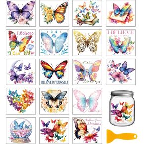 Globleland 18 Sheets الفراشة فرك على النقل 3.9x3.6inch زهور القمر الملونة مزهرية المنزل ملصقات نقل الكأس النص لزخارف الزجاج الفنية الزجاج