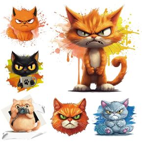 NBEADS 6Pcs Animals Theme Heat Transfer Stickers, 6 Styles Angry Cat Iron On Transfers Patches Cartoon Cat Shape Plastic Heat Transfer Decal Clothing Repair Applique for T-Shirt Jackets Backpack