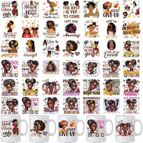 Black Girl UV DTF Stickers - 40 Sheets Personalized Black Women UV DTF Cup Wraps for 16 oz Glass Water Bottle, Motivational Saying Transfer Sticker Decals DIY Mug Decoration Gift for African American