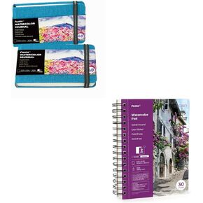 Funto Watercolor Journal & Pad Bundle, 48 Colors, 2-Pack Watercolor Journals, 5.5x8.5 and 9x12 Watercolor Pads, Tutorial Pad, Brushes, Water Brush Pen