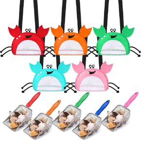 10 Pcs Beach Mesh Shovel and Shell Bags, Shark Tooth Sifter Crab Shaped Seashell Bags Sand Scooper for Shell Collecting, Sand Filter