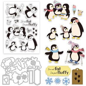 GLOBLELAND Penguin Clear Stamp Snowflakes Label Cutting Dies Set Dessert Silicone Clear Stamps Metal Penguin Die Cuts for Card Making and DIY Embossing Scrapbooking Craft Decor