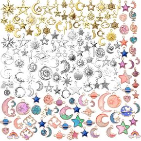 170pcs المجوهرات سحر سحرية سحرية ، سحر نجم المينا المطلي بالذهب ، أساليب مختلطة سحر سحر Sun Moon Star المعلق