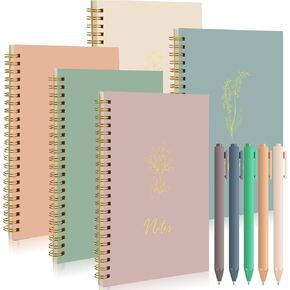 Gueevin 5 Pcs Spiral Notebook with 5 Pcs Ballpoint Pens A5 Cute College Ruled 160 Pages/ 80 Aesthetic Notebook for Work Students School Office Supplies(Morandi Color,Note)