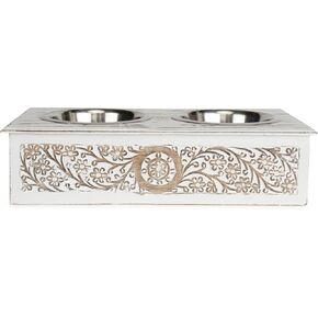 Elevated Dog & Pet Feeder Bowls With Wooden Stand (19x9x5 inch) | Elegant Hand Carved & Hand Painted Antique White Washed Wooden 2 Stainless Steel Bowls for Your Dogs & Pet’s Food & Water