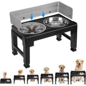 PAWCHIE Elevated Dog Bowls,Mess Proof Feeder for Large Dogs,6 Height Adjustable Raised Dog Bowl Stand with Slow Bowls & Water Bowl, No Spill, Non-Slip Tiltable Pet Feeder Stand Black