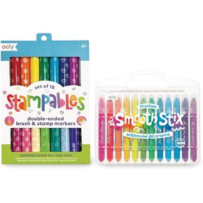 Ooly 18 Double-Sided Stamping Markers- Brush Tip plus Stamp & Smooth Stix Gel Crayons for Kids and Adults with Paint Brush - Set of 24 Watercolor Rainbow Crayons for Glass and Paper