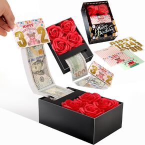 Money Box for Cash Gift Pull, Money Gift Boxes for Cash on Birthday, Christmas, Graduation, Mother's Day, for Husband, Wife, Girlfriend, Mother With Soap Rose Flower and Greeting Cards (Pink+Pink)