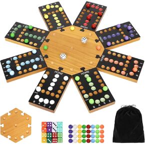 Marble Board Game,Wooden Board Game for 6-8 Players,Portable Design Marble Game with 32 Marbles 16 Dice, Family Game Night Gift for Kids & Adults