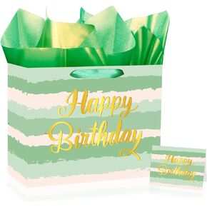 Woosytoo Large Birthday Gift Bag, Sage Green Striped Watercolor Design, 11.8 x 9.44 x 5.31 inches, Birthday & Baby Shower, Includes Gift Bag, Greeting Card, Tissue Paper