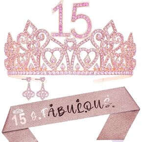 Hnoonz 15th Birthday Crown ، Sash & Tiara Set - Pink Princess Party Decorations for 15 year birls
