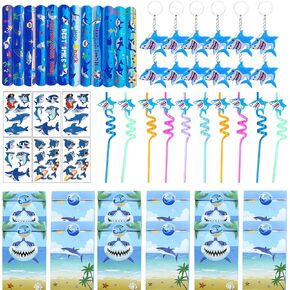 JOYMEMO Shark Party Favor Supplies, Shark Goodie Bags Keychains Slap Wristbands Temporary Tattoos Straws for Birthday Baby Shower Ocean Sea Party Decorations