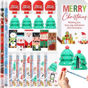 Tenceur 144 PCS Christmas Stationery Party Party Favors Bulk للطلاب الهدايا عيد الميلاد بما في ذلك شجرة عيد الميلاد Santa Hat Sharpener Eraser مع أكياس البطاقات لتخزين موثوق الهدايا في الفصل الدراسي