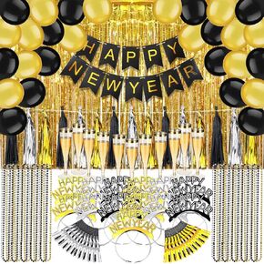 188 PCS New Year Severy Supplies 2025 مع 36 Happy New Year Thealband 36 صانعي الضوضاء المهدئين 36 مزامير شمبانيا 36 قلادات 36 بالون 1 لافتة 4 ستائر الهامش 3