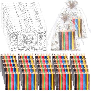 Qilery 25 Sets Christmas Activities Nativity Scene Coloring Page Bulk for Kids Coloring Page with Coloring Pencils and Organza Gift Bag Xmas DIY Art Drawing Page for Kids School Party Favor