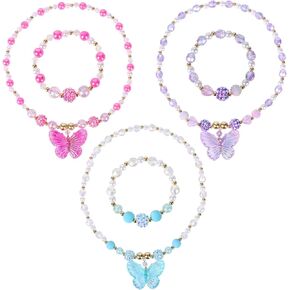 BAOBAOJOY3 Sets Princess Jewelry for Little Girls, Handmade Butterfly Kids Jewelry Set, Stretch Necklace Bracelets, Perfect for Dress Up, Birthday Parties, and Costume Play