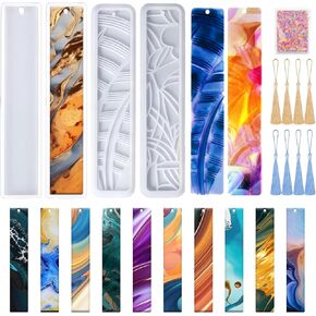 Bookmark Resin Mold Silicone Set, Pattern Resin Bookmark Epoxy Casting Molds with 8 Tassels for DIY Bookmark Making （4 Pack）
