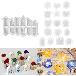 RESINWORLD 12-Grid Mini House Mold Set + 16 pcs Variety Geometric Pendant Molds