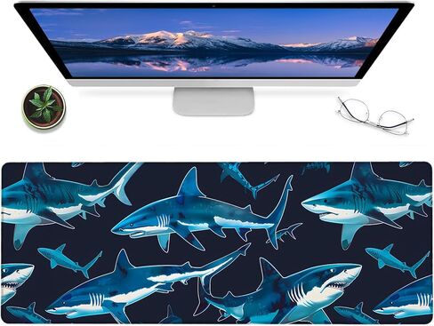 وسادة فأر ألعاب Shark Attack-12x31.5 بوصة حصيرة مكتب مطاطية غير قابلة للانزلاق مع تصميم مفترس غامق-موسباد كبير للمكتب-هدايا Deskmat لمحبي Adventure Decor in Kuwait