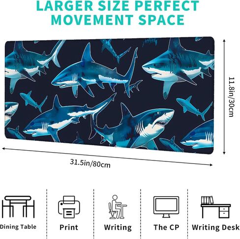 وسادة فأر ألعاب Shark Attack-12x31.5 بوصة حصيرة مكتب مطاطية غير قابلة للانزلاق مع تصميم مفترس غامق-موسباد كبير للمكتب-هدايا Deskmat لمحبي Adventure Decor in Kuwait
