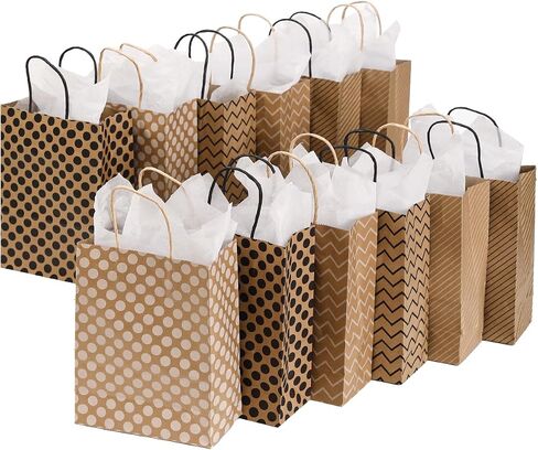 Vammy 24 Pieces Gift Bags with 24 Tissues, Party Favor Bags with Handles, Brown Kraft Paper Gift Bags Bulk for Birthday, Wedding, Baby Shower, Party Supplies and Gifts (Polka Dot/Wave/Stripe) in Saudi Arabia