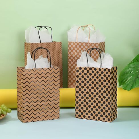 Vammy 24 Pieces Gift Bags with 24 Tissues, Party Favor Bags with Handles, Brown Kraft Paper Gift Bags Bulk for Birthday, Wedding, Baby Shower, Party Supplies and Gifts (Polka Dot/Wave/Stripe) in Saudi Arabia