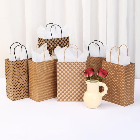 Vammy 24 Pieces Gift Bags with 24 Tissues, Party Favor Bags with Handles, Brown Kraft Paper Gift Bags Bulk for Birthday, Wedding, Baby Shower, Party Supplies and Gifts (Polka Dot/Wave/Stripe) in Saudi Arabia