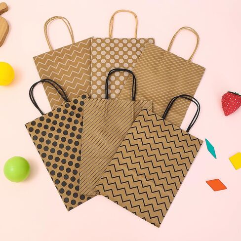 Vammy 24 Pieces Gift Bags with 24 Tissues, Party Favor Bags with Handles, Brown Kraft Paper Gift Bags Bulk for Birthday, Wedding, Baby Shower, Party Supplies and Gifts (Polka Dot/Wave/Stripe) in Saudi Arabia