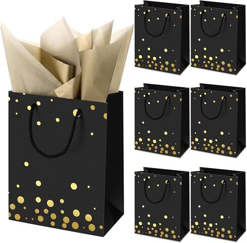 Humyoun 6 Pack Medium Gift Bags with Tissue Paper 7 x 4 x 9 Easter Thick Gift Bags Wrap with Handles Polka Dots Tissue Paper for Birthday Graduation Baby Shower Wedding Mother's Day(Black,Gold) in Saudi Arabia