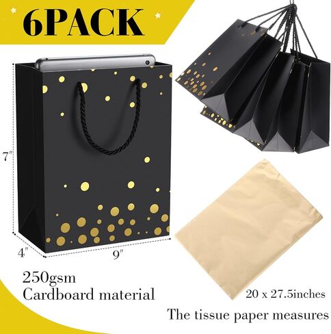 Humyoun 6 Pack Medium Gift Bags with Tissue Paper 7 x 4 x 9 Easter Thick Gift Bags Wrap with Handles Polka Dots Tissue Paper for Birthday Graduation Baby Shower Wedding Mother's Day(Black,Gold) in Saudi Arabia