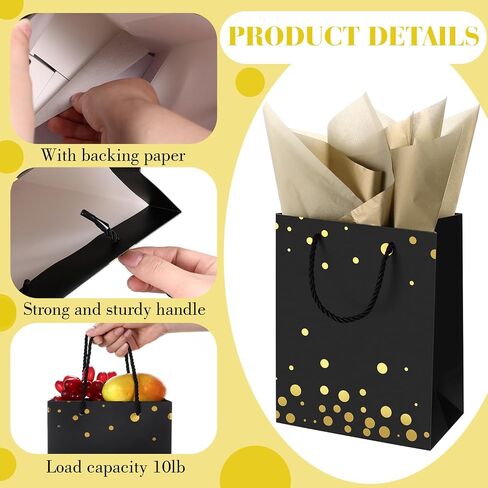 Humyoun 6 Pack Medium Gift Bags with Tissue Paper 7 x 4 x 9 Easter Thick Gift Bags Wrap with Handles Polka Dots Tissue Paper for Birthday Graduation Baby Shower Wedding Mother's Day(Black,Gold) in Saudi Arabia