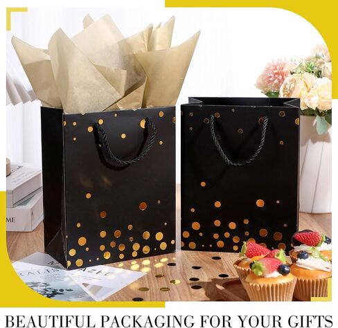 Humyoun 6 Pack Medium Gift Bags with Tissue Paper 7 x 4 x 9 Easter Thick Gift Bags Wrap with Handles Polka Dots Tissue Paper for Birthday Graduation Baby Shower Wedding Mother's Day(Black,Gold) in Saudi Arabia