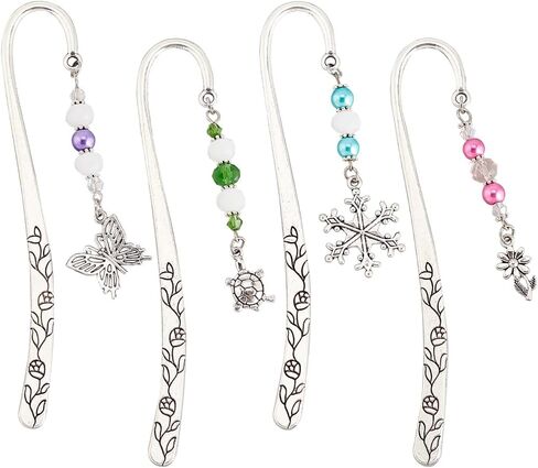 OLYCRAFT 4 Pcs Hook Alloy Bookmarks Glass Beaded Bookmarks Antique Silver Metal Bookmarks Vintage Bookmarks with Butterfly/Flower/Tortoise/Snowflake Pendant for Book Lovers - About 6.5 inch in Saudi Arabia