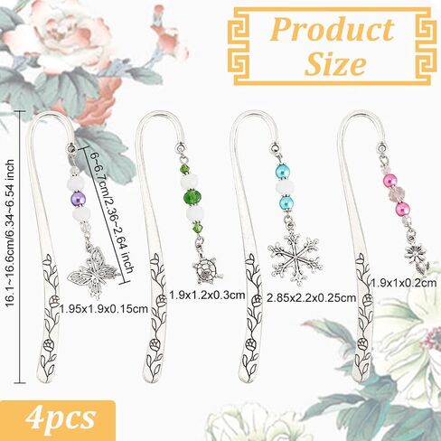 OLYCRAFT 4 Pcs Hook Alloy Bookmarks Glass Beaded Bookmarks Antique Silver Metal Bookmarks Vintage Bookmarks with Butterfly/Flower/Tortoise/Snowflake Pendant for Book Lovers - About 6.5 inch in Saudi Arabia
