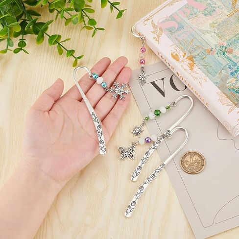 OLYCRAFT 4 Pcs Hook Alloy Bookmarks Glass Beaded Bookmarks Antique Silver Metal Bookmarks Vintage Bookmarks with Butterfly/Flower/Tortoise/Snowflake Pendant for Book Lovers - About 6.5 inch in Saudi Arabia