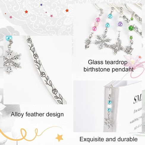 OLYCRAFT 4 Pcs Hook Alloy Bookmarks Glass Beaded Bookmarks Antique Silver Metal Bookmarks Vintage Bookmarks with Butterfly/Flower/Tortoise/Snowflake Pendant for Book Lovers - About 6.5 inch in Saudi Arabia