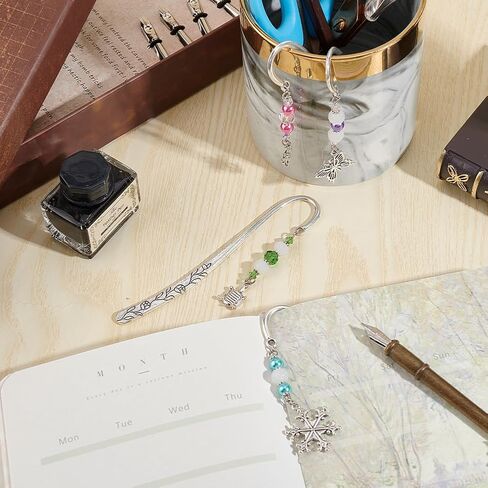 OLYCRAFT 4 Pcs Hook Alloy Bookmarks Glass Beaded Bookmarks Antique Silver Metal Bookmarks Vintage Bookmarks with Butterfly/Flower/Tortoise/Snowflake Pendant for Book Lovers - About 6.5 inch in Saudi Arabia